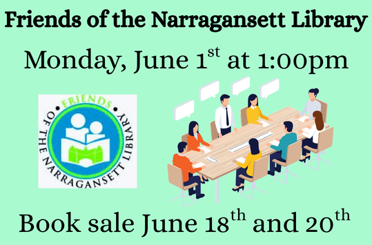 Friends of the Library News Monday May 4th at 1pm Book sale June 18th and 20th