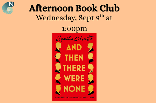 Afternoon Book Club Wednesday Sept 9 at 1pm